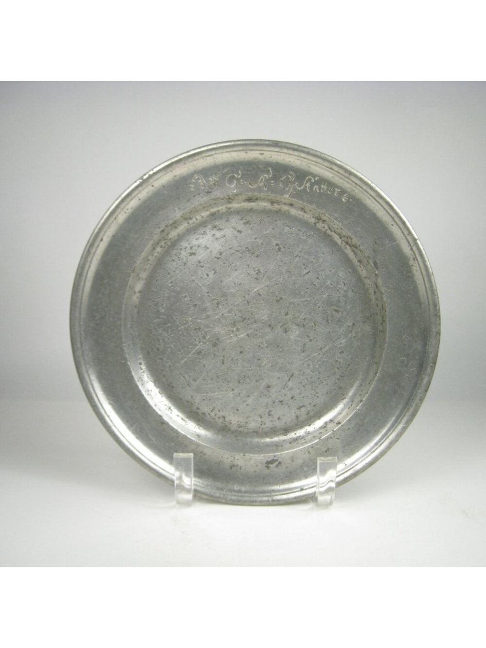 Pewter Plate Charger Antique 9 Inches Diameter Signed Monogram WEAR